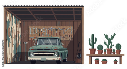 Pixel vintage green pickup truck parked inside rustic garage, with shelf potted cacti displayed nearby, showcasing retro aesthetic