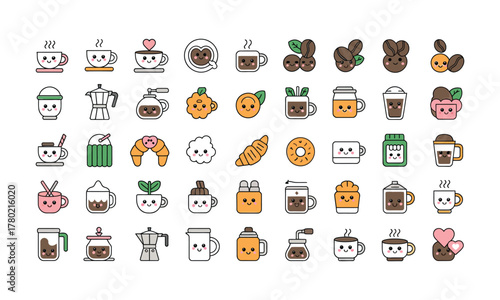 Collection of hand drawn cartoon coffee cups and mugs with cute faces and various coffee making accessories in a whimsical doodle art style