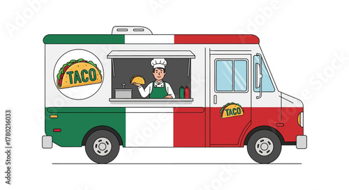 Taco truck with chef serving food from the window, decorated in the colors the italian flag