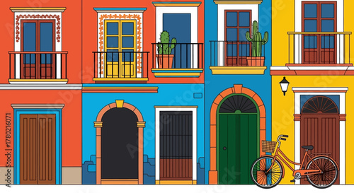 Colorful traditional mexican architecture with vibrant doors, windows, balconies, and bicycle parked outside, showcasing lively street scene