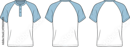 Raglan sleeve Henley T-shirt technical flat with contrast sleeves and button placket, detailed apparel cad drawing fashion vector template