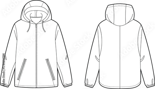Technical flat hooded jacket sketch with zipper pockets, drawstring hood, long sleeves, front and back clothing apparel cad drawing vector