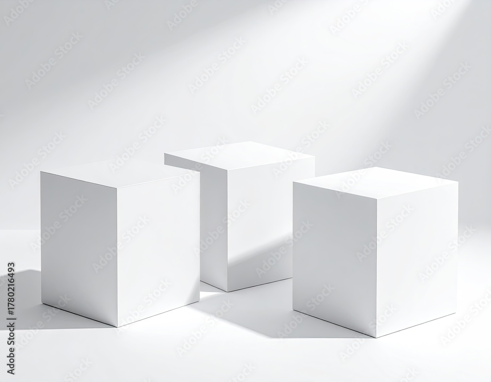 Fototapeta premium Three white cubes stand in sunlit, minimalist display