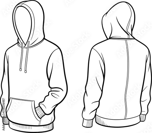 Front and back hoodie technical flat sketch with kangaroo pocket, ribbed cuffs, drawstring hood, detailed apparel fashion cad drawing vector template