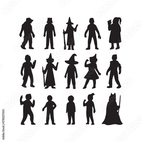 Halloween costume fantasy character silhouettes vector icon set isolated on white background