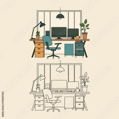 Modern home office setup with dual monitors and ergonomic chair
A clean and organized home office featuring a wooden desk with two computer monitors, a speaker, a desk lamp, and a potted plant. 
