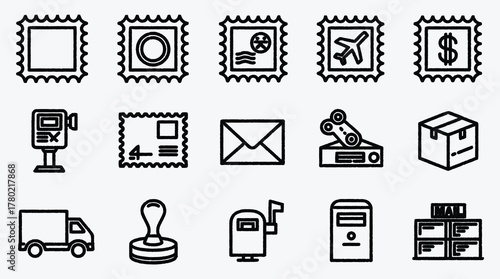 Assorted outline postal and shipping vector icons on white background