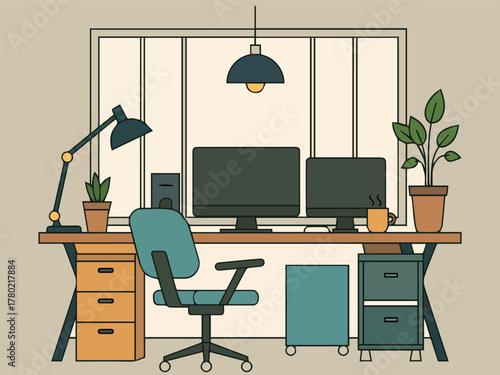 Modern Home Office Setup Vector
A clean and modern home office featuring dual monitors, a wooden desk, and indoor plants.