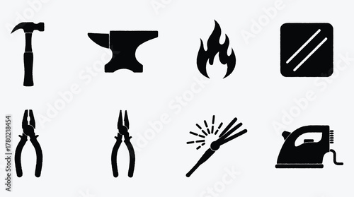 Blacksmith Tools and Metalworking Equipment Silhouette Vector Illustration Set