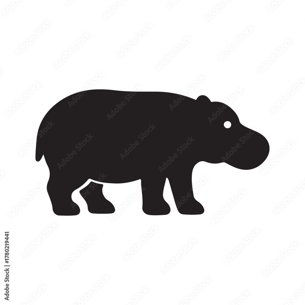Obraz premium Black hippopotamus simple graphic silhouette icon with white eye isolated on white background