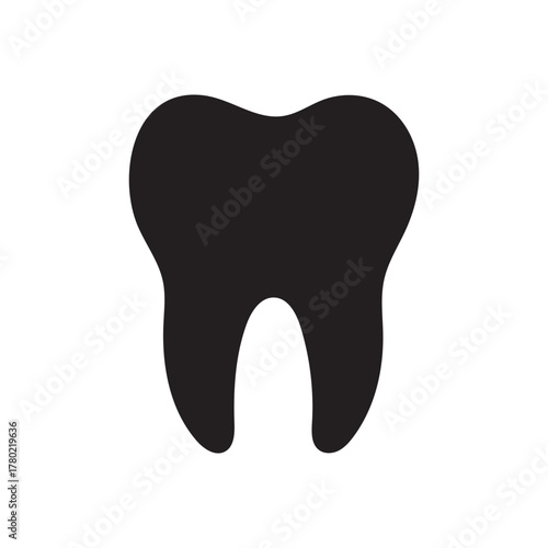 Minimalist black tooth icon representing dental health and care isolated on white background