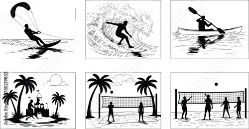Beach activities illustration, kite surfing, surfing, kayaking, sandcastle, palm trees, beach volleyball, summer sports, ocean fun, black vector panels
