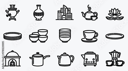 Collection of various kitchen and home icons in line art style