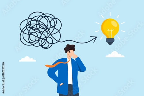 Flat illustration of businessman solving complicated problem with tangled lines and lightbulb symbolizing creative solution