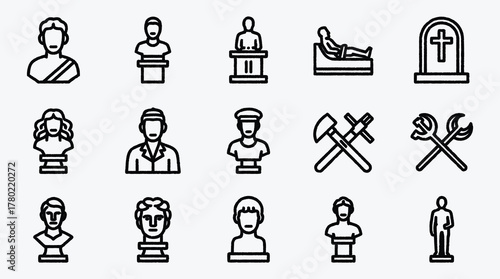 Collection of vector line art icons representing historical figures and tools
