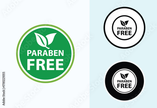 Paraben Free with a leaf drop label, logo, badge, icon, sticker, symbol, emblem, stamp, green, line, flat vector, isolated illustration. Paraben Free label for product packaging design.