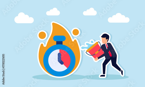 Businessman pouring water on a burning stopwatch illustration of staying calm while handling business project deadline