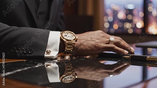 Executive at Desk Taps Tablet with Gold Watch and Ring, City Lights