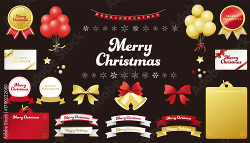 クリスマスに使えるイラスト素材セット。リボン、風船、カードなど。Merry ChristmasとHappy holidaysの文字。