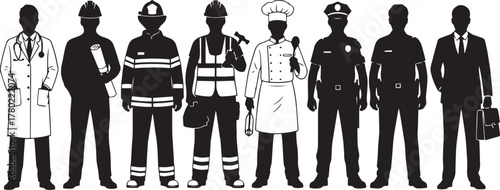 Group of Professionals Silhouette Vector – Doctor, Engineer, Firefighter Standing Together, Workforce Diversity and Strength Concept, Minimal Black Illustration on White Background