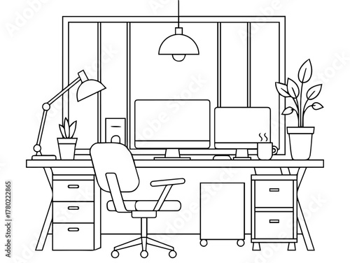 Modern home office setup with dual monitors and ergonomic chair
A clean, flat design illustration of a contemporary home office workspace featuring a wooden desk, two computer monitors.