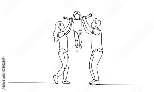 line drawing of happy family, father and mother holding up their baby or child, parents playing with kid, expressing love, joy, parenting, and childhood concept.