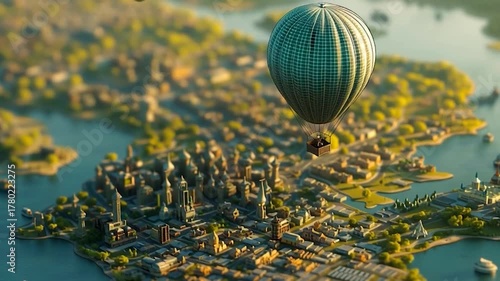 Hot Air Balloon Flying Over a Miniature Cityscape with Rivers and Greenery.