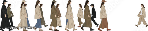 Walking group fashion vector, casual outfit illustration, neutral tone clothing, side view people, individuality concept, cad drawing flat vector illustration