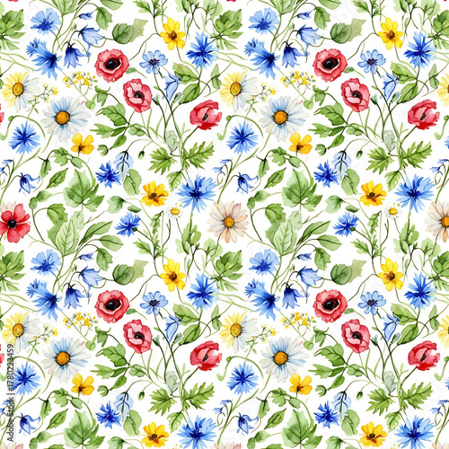 Watercolor floral pattern of hand-painted wildflowers and sprawling leaves tied with a sheer ribbon on a bright white silk background, created for wallpaper and fabric, illuminated with diffused	
