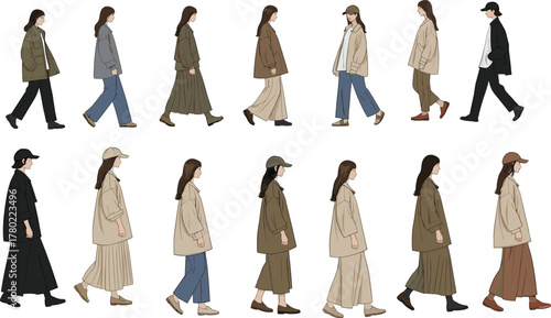 Walking fashion characters, layered outfit vector, stylish clothing illustration, side profile people, earthy tone design, cad drawing flat vector illustration