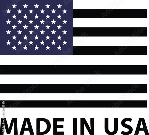USA flag vector, patriotic design, made in America, black white stripes, bold stars layout, national pride symbol, graphic illustration