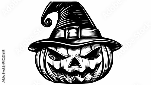 Spooky pumpkin wearing a witch's hat, perfect for Halloween designs and eerie festive illustrations