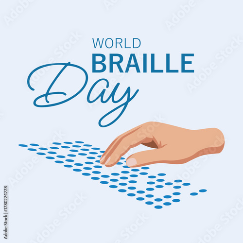 Vector illustration for World Braille Day showing a human hand reading Braille dots on a light blue background, promoting accessibility and inclusion for the visually impaired.