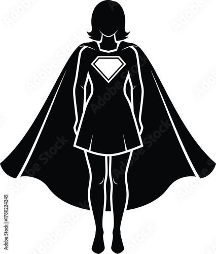 Confident female superhero silhouette standing proudly with cape, strong empowerment theme, fantasy vector art illustration, bold heroic character design concept