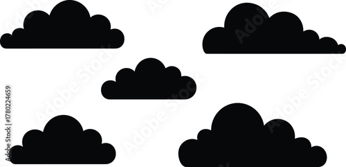 Black cloud silhouettes, cartoon style, fluffy shapes, weather icons, sky elements, vector illustration, graphic design, atmospheric symbols, storm clouds