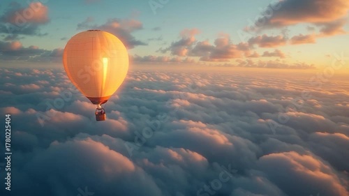 Hot Air Balloon Soaring Above Clouds at Golden Sunset.
