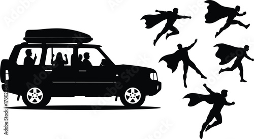 Flying superheroes silhouette near family car, dynamic comic action, cape heroes, travel adventure, black vector illustration, rescue scene, motion graphic