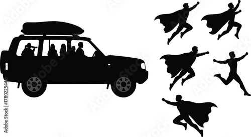 Superhero silhouettes flying toward family car, dynamic action scene, travel adventure, comic style, cape heroes, black vector illustration