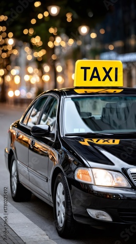 Black taxi car parked on urban street at night