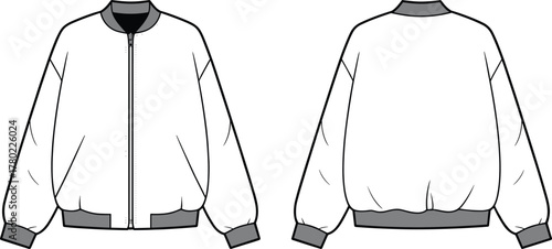 Bomber jacket flat sketch, front and back view, ribbed collar, cuffs, hem, zipper closure, voluminous sleeve, fashion illustration