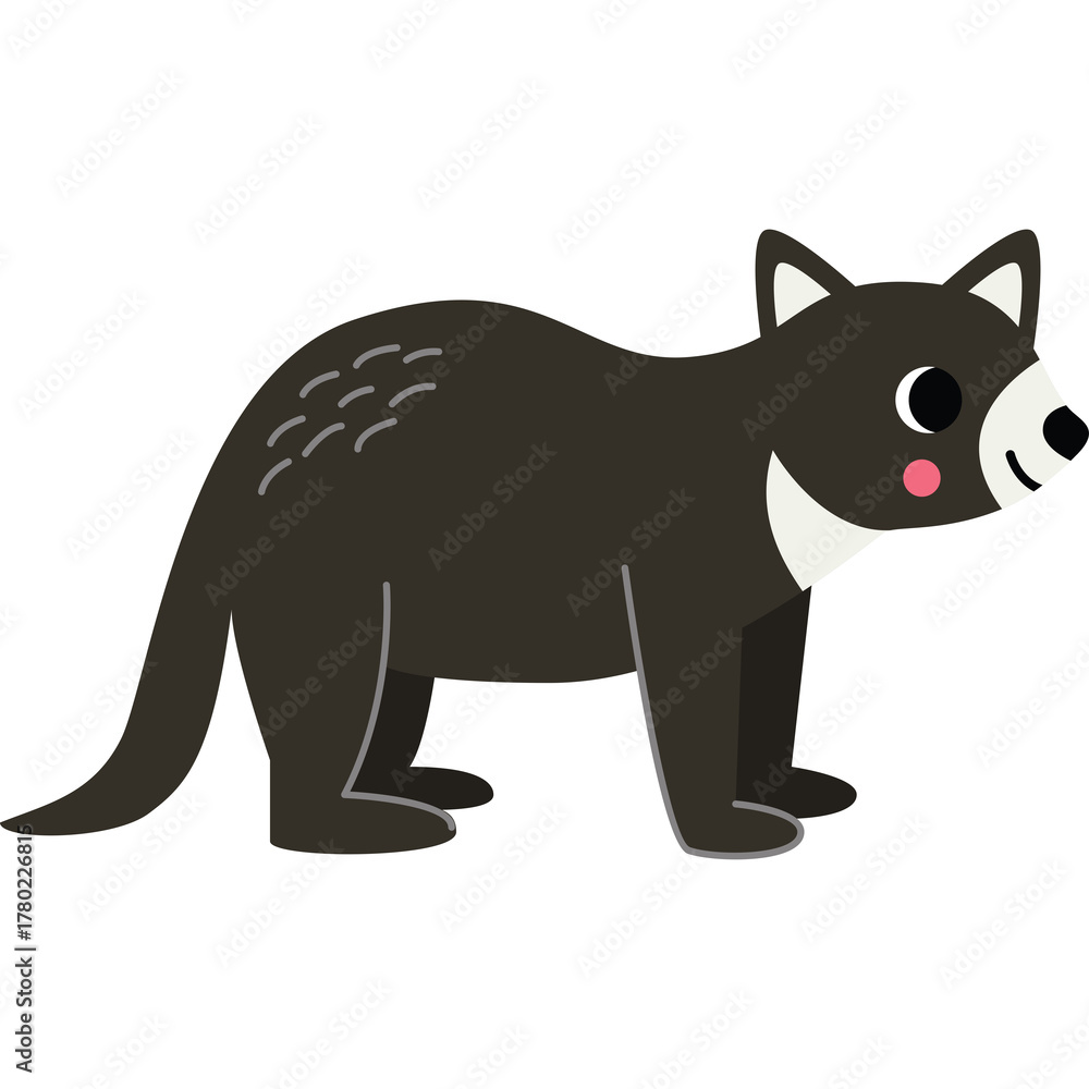 Fototapeta premium Cute Cartoon Tasmanian Devil Illustration with Black Fur White Collar Pink Cheeks and Big Eyes on Transparent Background