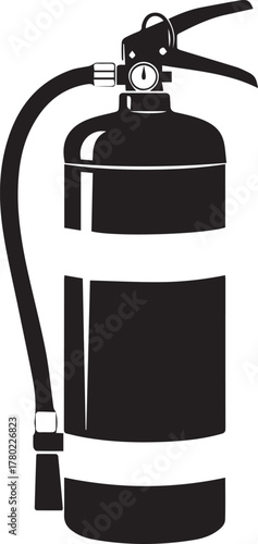 Black silhouette of a fire extinguisher with hose safety