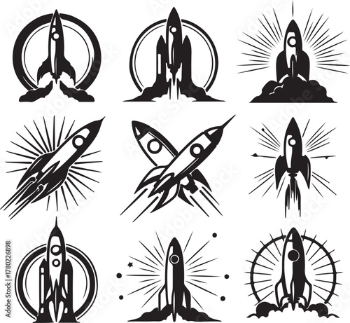 Collection of Black Rocket Ship Launch and Flight Icons