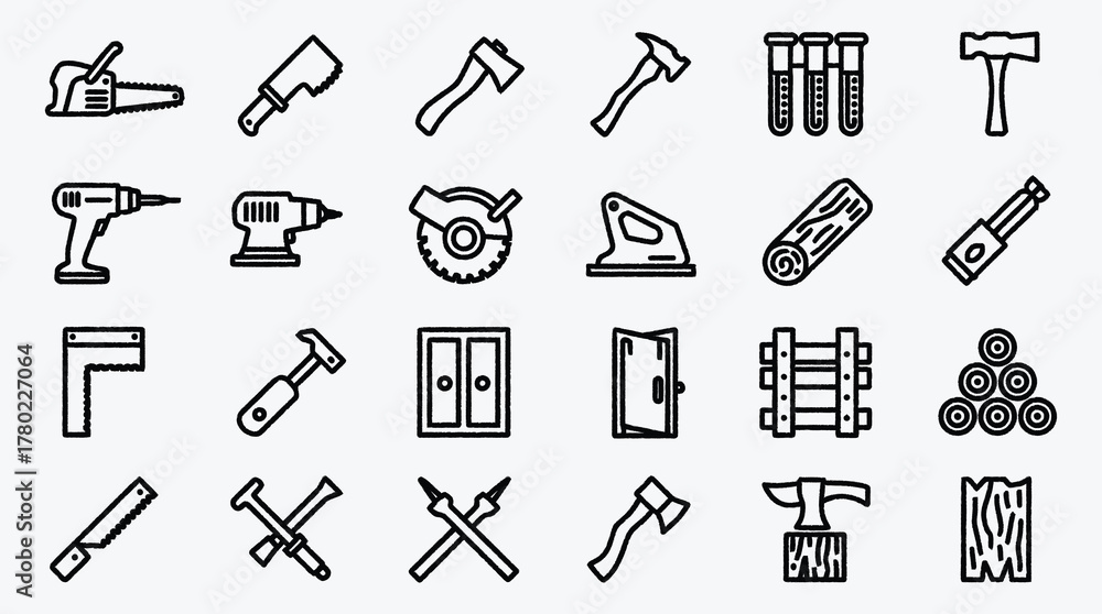 Fototapeta premium Woodworking tools icon set for carpentry related design concepts