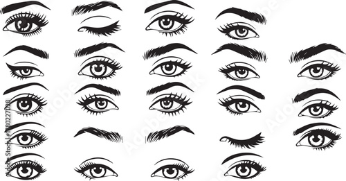 Diverse Black and White Illustrations of Eyes and Eyebrows