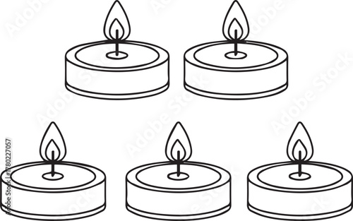 Five outline drawings of tea light candles with flames