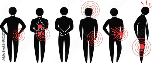 Human figures with highlighted areas of pain and discomfort