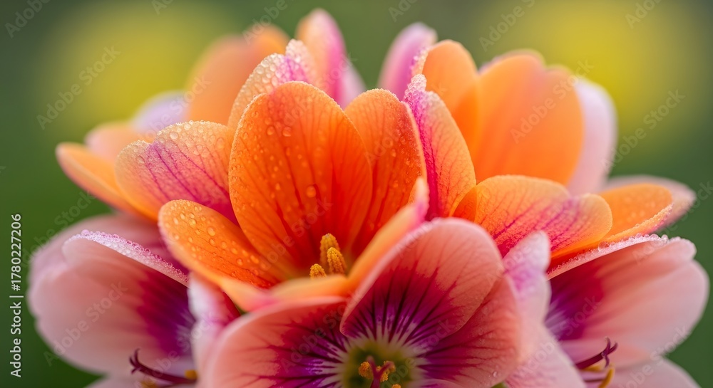 Fototapeta premium The Intricate Texture and Saturated Hues of a Flower Blossom Captured in Extreme Close-up, Floating Above a Gentle Bokeh jpeg image.