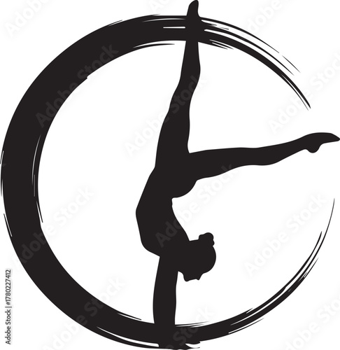 Silhouette of a Gymnast Performing a Handstand within a Brush Stroke Circle