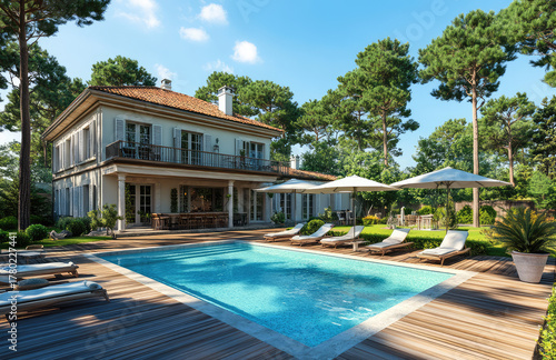 Elegant two-story villa with a private swimming pool, wooden deck, and lush pine trees surrounding the serene outdoor lounge area, perfect summer retreat, AI generated 